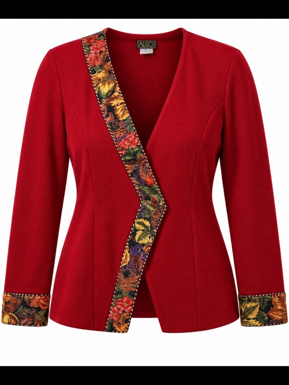 Vintage Women's Elegant Red Cardigan with Floral Accents Size 9/ 10